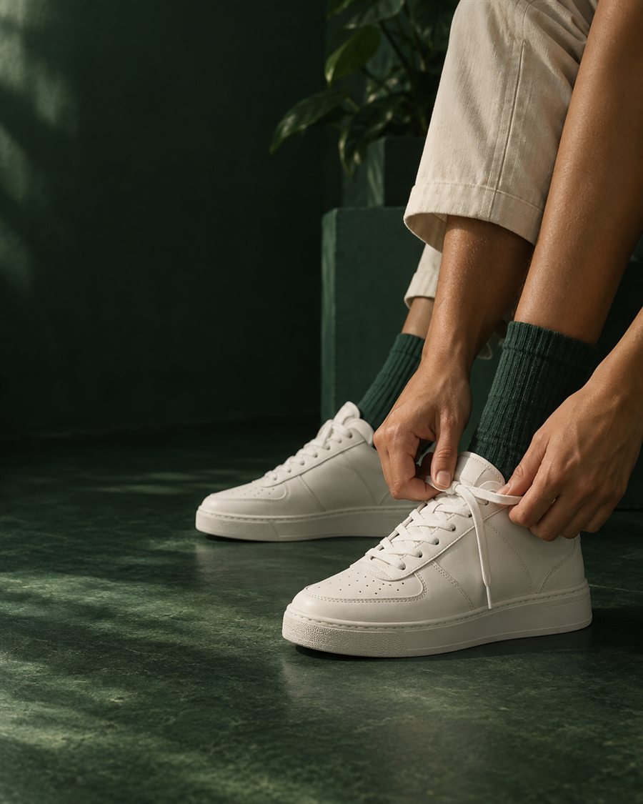 Pessoa ajustando um tenis branco